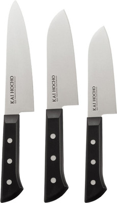 Kai 3 Pc Stainless Steel Knife Set Japanese Hocho knife 18.7 cm, Santoku Knife 17.2 cm, Samall Santoku 14.2 cm