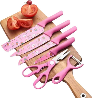 BARAGOKUL ENTERPRISE 6 Pc Stainless Steel Knife Set with Scissor and Peeler use for Kitchen & Restaurant (Pink)