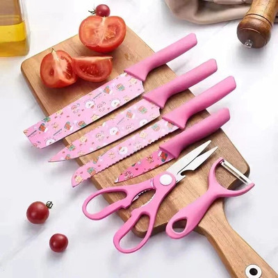 JEEYANA ENTERPRISE 6 Pc Stainless Steel Knife Set for Home & Restaurent use with Scissor and Peeler (Pink)