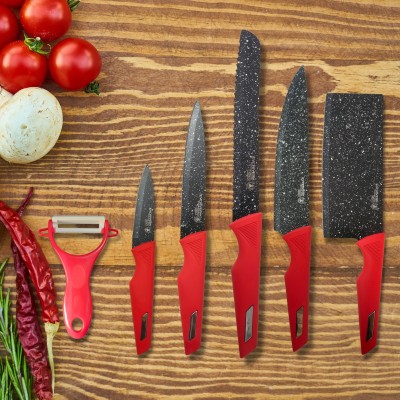 YELONA 6 Pc Stainless Steel Knife Set Set of 6 Black Stainless Steal Knife With Red Handle