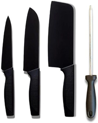THUNDERFIT 4 Pc Stainless Steel Knife Set FREE Sharpener Rod Honing-3 Pieces Professional Kitchen Knife Set-BLACK