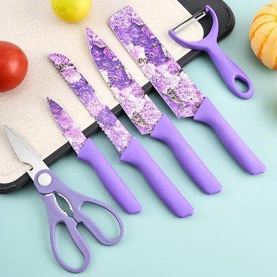 JEEYANA ENTERPRISE 6 Pc Stainless Steel Knife Set for Kitchen & Restaurant use with Scissor and Peeler(Purple)