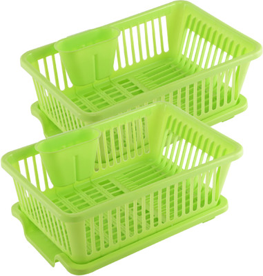 KUBER INDUSTRIES Dish Drainer Kitchen Rack Plastic Pack of 2 Plastic 3-in-1 Dish Drainer Basket with Draining Tray | Light Green