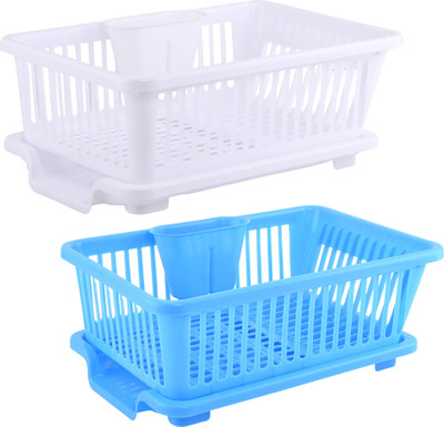 KUBER INDUSTRIES Dish Drainer Kitchen Rack Plastic 2 Pcs Plastic 3 in 1 Large Sink Dish Drainer Rack | White & Blue