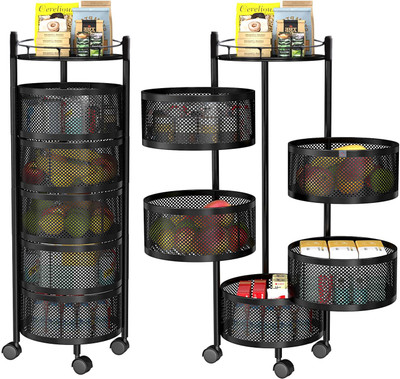 Heart Home Fruits/Vegetables Kitchen Rack Iron Pack of 2 Rotating 5-Layer Multipurpose Storage Rack Trolley with Wheels | Black