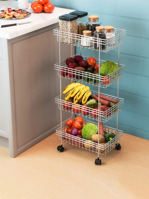 Heart Home Fruits/Vegetables Kitchen Rack Steel Metal 4-Layer Fruits & Vegetable Stand / Kitchen Trolley with Wheels | Silver