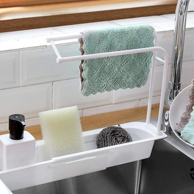 Upkaranwale Cutlery Kitchen Rack Plastic Sink Shelf Soap Sponge Drain Rack Storage Basket Bag Faucet Holder Adjustable Bathroom Holder Sink Kitchen Accessories( White)