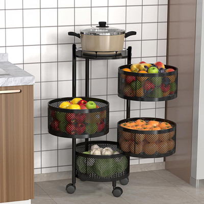 KUBER INDUSTRIES 4-Layer Rotating Multipurpose Storage Rack Trolley with Wheels | Black Iron Fruit & Vegetable Basket(Black, Clear, Steel)
