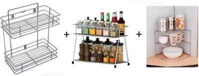 Somkala Containers Kitchen Rack Steel presents a combo pack of 2 layer kitchen rack + corner rack + spice rack