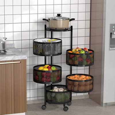 KUBER INDUSTRIES Fruits/Vegetables Kitchen Rack Iron 5-Layer Rotating Multipurpose Storage Rack Trolley with Wheels | Black