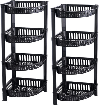 KUBER INDUSTRIES Containers Kitchen Rack Plastic 2 Pcs Folding Plastic 4 Tier Fruit & Vegetable Basket Stand | Black