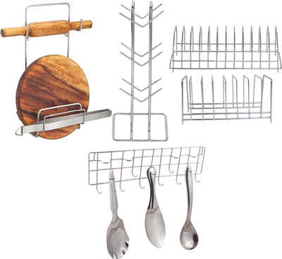 shagun creation Utensil Kitchen Rack Steel Steel Cup Stand & (Pack of 2) Plate Stand & Chakla Belan Stand & Hook Rail