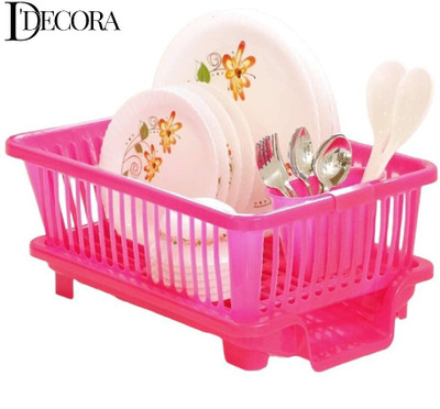 DDecora Dish Drainer Kitchen Rack Plastic 3 in 1 Large Sink Set Drying Washing Basket with Tray(PINK)