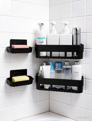 STARLLER 4 Pcs Kitchen/Bathroom Shelf/Brush Stand/Soap Stand/Bathroom Accessories Plastic Wall Shelf(Number of Shelves - 4, Black)