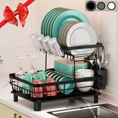 Indriyas Dish Drainer Kitchen Rack Carbon Steel, Steel 2 Tier Dish Rack with Glass Holder & Cutlery Stand Multipurpose Kitchen Rakcs