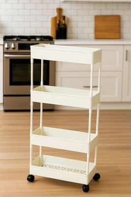 MGKENTERPRISE Fruits/Vegetables Kitchen Rack Plastic White 4 Layer Portable Modern Trolly