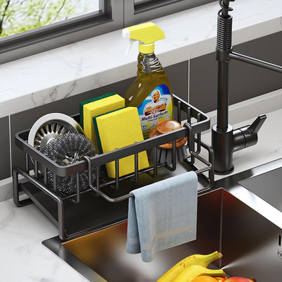 Cisily Dish Drainer Kitchen Rack Steel Sponge Holder for Kitchen Sink with Self Draining Tray