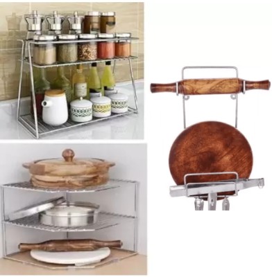 Tajpur Traders Containers Kitchen Rack Steel Modern Stainless Steel Pack Of 3 [Corner+Spice+Chakla Belan Stand]