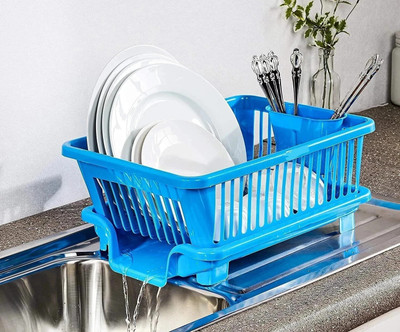 KHODIYAR STORE Dish Drainer Kitchen Rack Plastic Dish Drainer Washing 3 in 1 Rack Durable Plastic Kitchen Sink Dish Drying Drainer Rack Dish Drying Rack with top Cover Holder Basket for Kitchen untensils Stand for Kitchen After wash