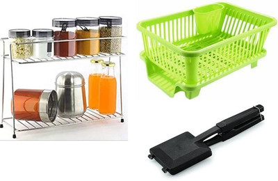 Samayra Containers Kitchen Rack Plastic, Steel Combo Pack of Gas Toaster Non-Stick Coating Snack Sandwich Maker&4 in 1_KR369
