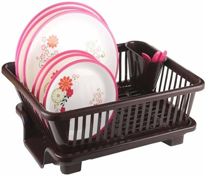 Quickmart Dish Drainer Kitchen Rack Plastic 3in1 Large Sink Set Rack Pink Drying Washing Basket&Tray