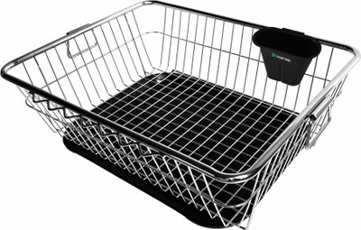 SMART SLIDE Dish Drainer Kitchen Rack Steel Stainless Steel Dish Drainer Rack with Drip Tray / Utensil Drying Stand for Kitchen / Plate Rack / Bartan Basket With Cutlery Holder / Sink Counter Top Dish Drainer Rack / Kuda Basket (22L x 17W x 9H inches)