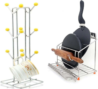 Cabin Kart Chakla/Belan Kitchen Rack Steel Stainless Steel V-Cup Stand with Tawa Stand – Space-Saving Combo