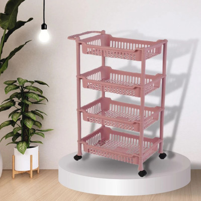 Indriyas Fruits/Vegetables Kitchen Rack Plastic 4 Layer Plastic Rack With Wheel & Handel Kitchen Storage Organizer_PINK