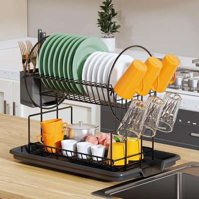 Indriyas Dish Drainer Kitchen Rack Plastic, Steel 2 Tier Dish Drying Rack with Drip Tray, Cutlery Holder & Cup Hooks for Kitchen