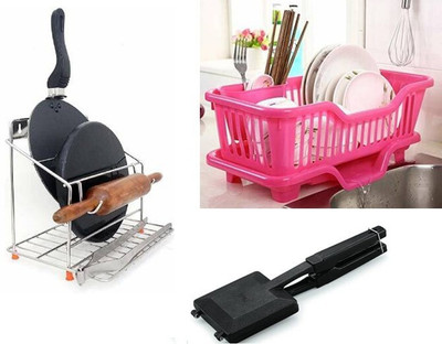 Samayra Chakla/Belan Kitchen Rack Plastic, Steel Presents Combo Pack of Gas Toaster,Plastic Sink Dish Drainer & 4 in 1
