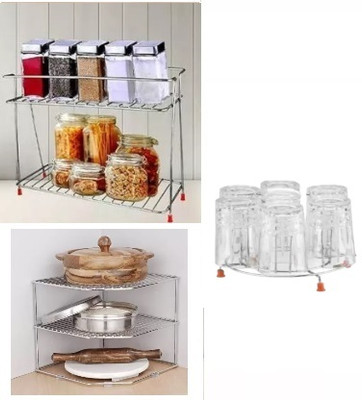 KPT Containers Kitchen Rack Steel Present A Set Of 3 Corner Rack+Spice Rack+Glass Stand