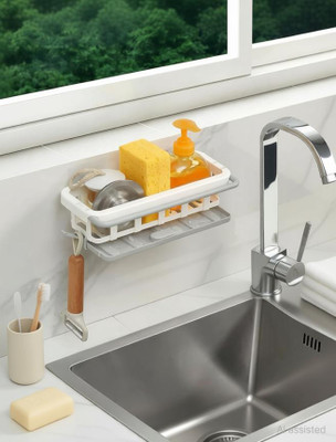 Nextplify Wall Mounted Hanging Sink Drain Rack with Sponge Holder & Detachable Tray(White & Grey)