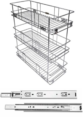 Sanjari Cup Kitchen Rack Steel Stainless Steel 3 Shelves Pullout Basket(6 W X 20 D X 21 H) + 20 Inch Channel