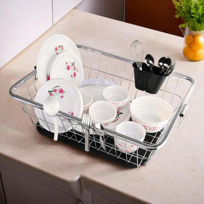 KUBER INDUSTRIES Dish Drainer Kitchen Rack Steel Steel Dish Rack With Handle & Draining Tray Included | 17x22 Inch | Silver