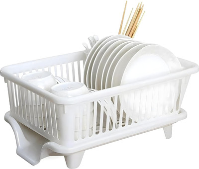 hirva creation Dish Drainer Kitchen Rack Plastic 3 in 1 Large Plastic Dish Rack with Tray & Utensil Holder – White