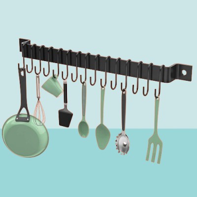 THNK N CRAFTS Cutlery Kitchen Rack Iron Think n crafts :Wall Mounted Hanging Kitchen Rack Rail Pan Pot Rack Lid Holder,