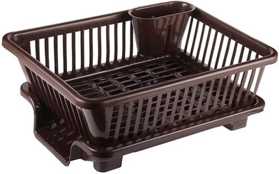 hirva creation Dish Drainer Kitchen Rack Plastic 3 in 1 Large Plastic Dish Rack with Tray & Utensil Holder – Brown