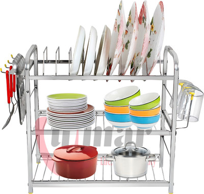 UMAR Utensil Kitchen Rack Steel 3-Layer Wall-Mounted Modern Kitchen Dish Rack with Cutlery & Plate Stand