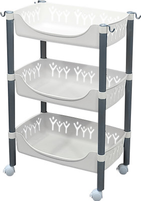 lukzer Fruits/Vegetables Kitchen Rack Plastic 3 Layer Utility Cart with Wheels Rolling Trolley 4 Hooks (78x30x49cm/White)