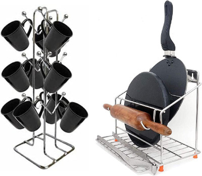 IMAGINEA Chakla/Belan Kitchen Rack Steel Cup Stand with Rolling Pin & Tawa Stand – Combo Organizer Set