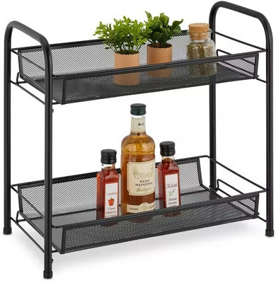 S-B-S Store Utensil Kitchen Rack Iron Mesh Spice Rack Organizer for Countertop 2-Tier Foldable Metal Rust-Proof Rack