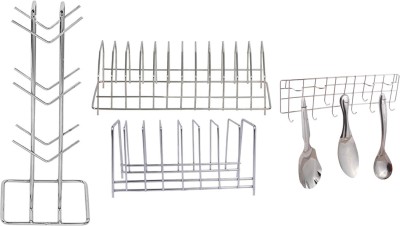 OC9 Utensil Kitchen Rack Steel Stainless Steel Cup Stand & (Pack of 2) Plate Stand & Hook Rail for