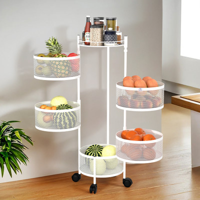 Heart Home Fruits/Vegetables Kitchen Rack Iron 5-Tier Rotating Multipurpose Storage Rack Trolley with Wheels | White