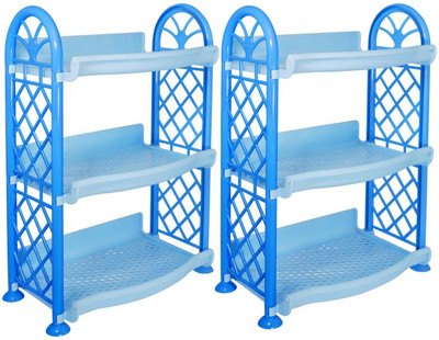 Morvi Containers Kitchen Rack Plastic Prime Rexo 103 Organising Rack ,3 Shelves Wall Mounted Jar Utensils ,2 pc, Blue