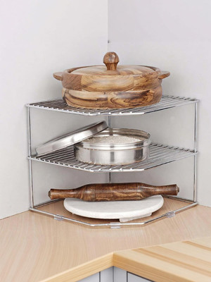 ShopGlobal Multipurpose Stainless Steel kitchen plate dish corner shelf rack stand shelves, storage cupboard, cabinet organizer, organiser for home bathroom living room, Size:25*25*30 CM, Chrome FinisH Utensil Kitchen Rack(Steel)