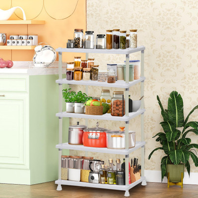 URBAN CHOICE Fruits/Vegetables Kitchen Rack Plastic 5-Layer White Kitchen Rack with Tray Design for Organized Storage