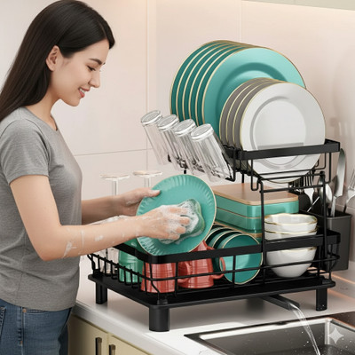 Indriyas Dish Drainer Kitchen Rack Plastic, Steel 2 Tier Dish Rack with Glass Holder & Cutlery Stand Multipurpose Kitchen Rack