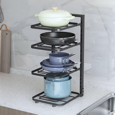 KUBER INDUSTRIES Utensil Kitchen Rack Carbon Steel 4-Layer Pots and Pans Organiser Rack With Adjustable Pot Lid (Black)