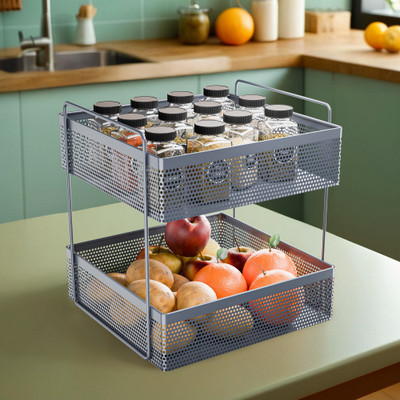 KUBER INDUSTRIES Fruits/Vegetables Kitchen Rack Iron 2-Tier Metal Square Kitchen Rack Stand Organiser | Dark Grey