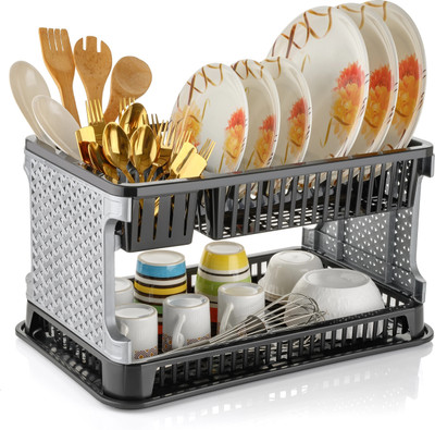 Quickmart Dish Drainer Kitchen Rack Plastic Multipurpose Dish Drainer Kitchen Racks with Storing Tray Kitchen Rack Silver